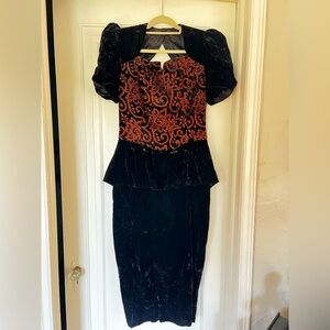 Vintage Scott McClintock Black Velvet Evening Gown Puff Sleeve Dress 80s Size 12